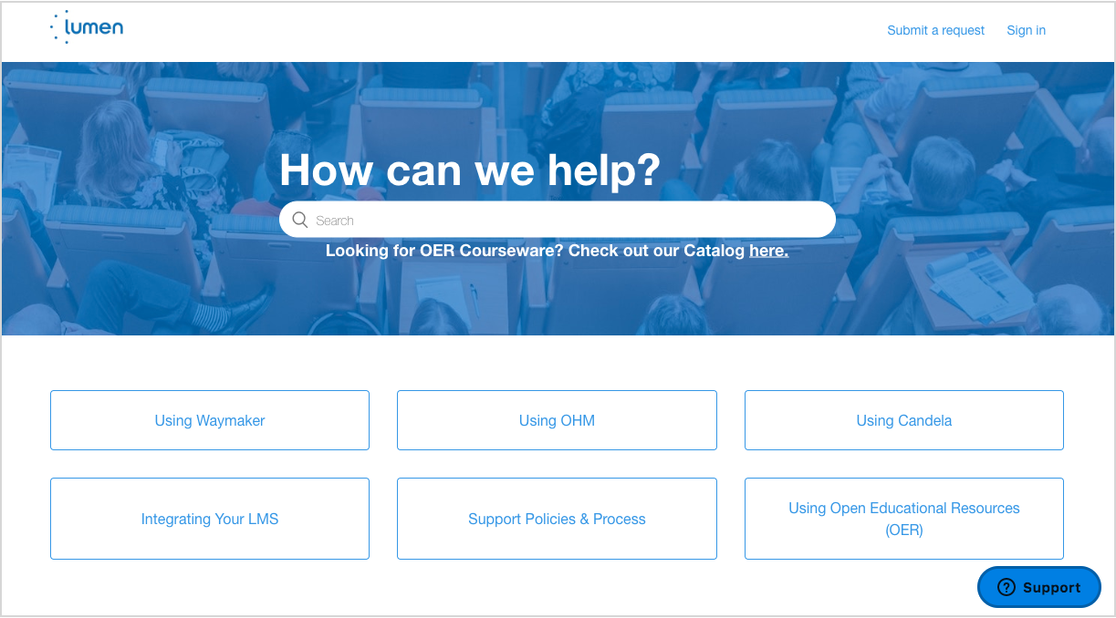 Lumen's self-service knowledge base, an online resource to request help with using Lumen Learning course materials